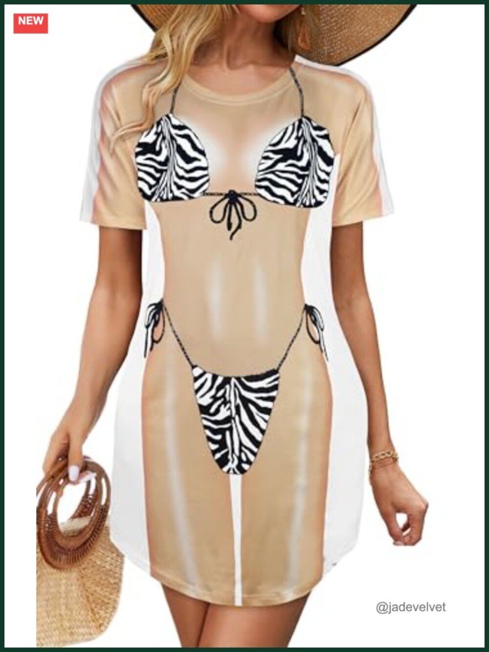 Women's Bikini Print Beach Cover Up Short Sleeve Loose Fit T-Shirt Dress